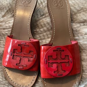 Tory Burch patent dark pink sandals (stick-in’s) size 9.